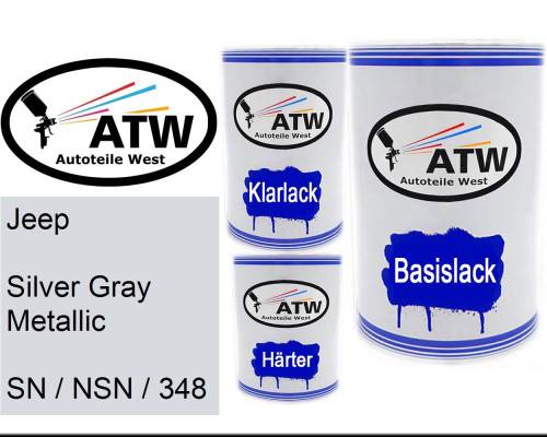 Jeep, Silver Gray Metallic, SN / NSN / 348: 500ml Lackdose + 500ml Klarlack + 250ml Härter - Set, von ATW Autoteile West.